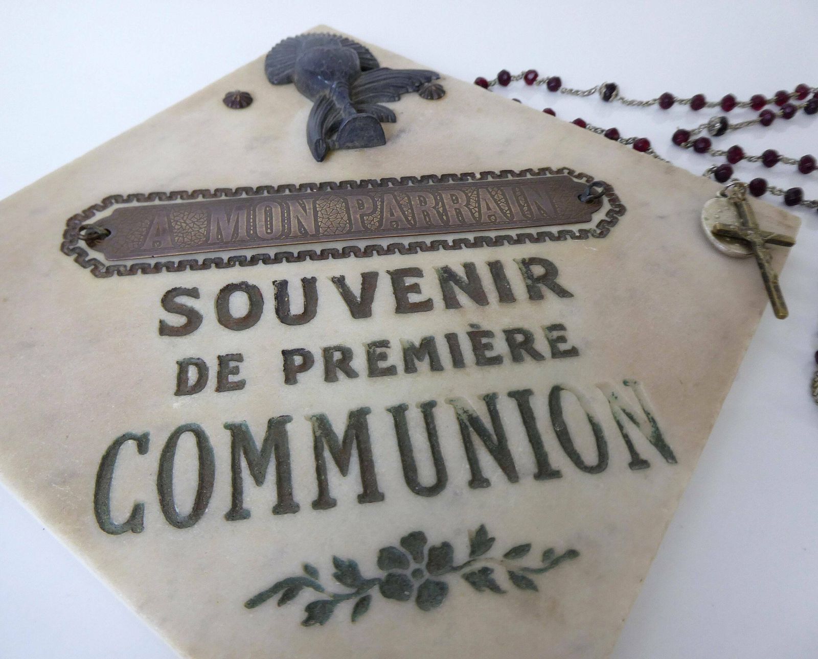 First Communion Souvenir | Antique French Religious Souvenir | Marble Plaque