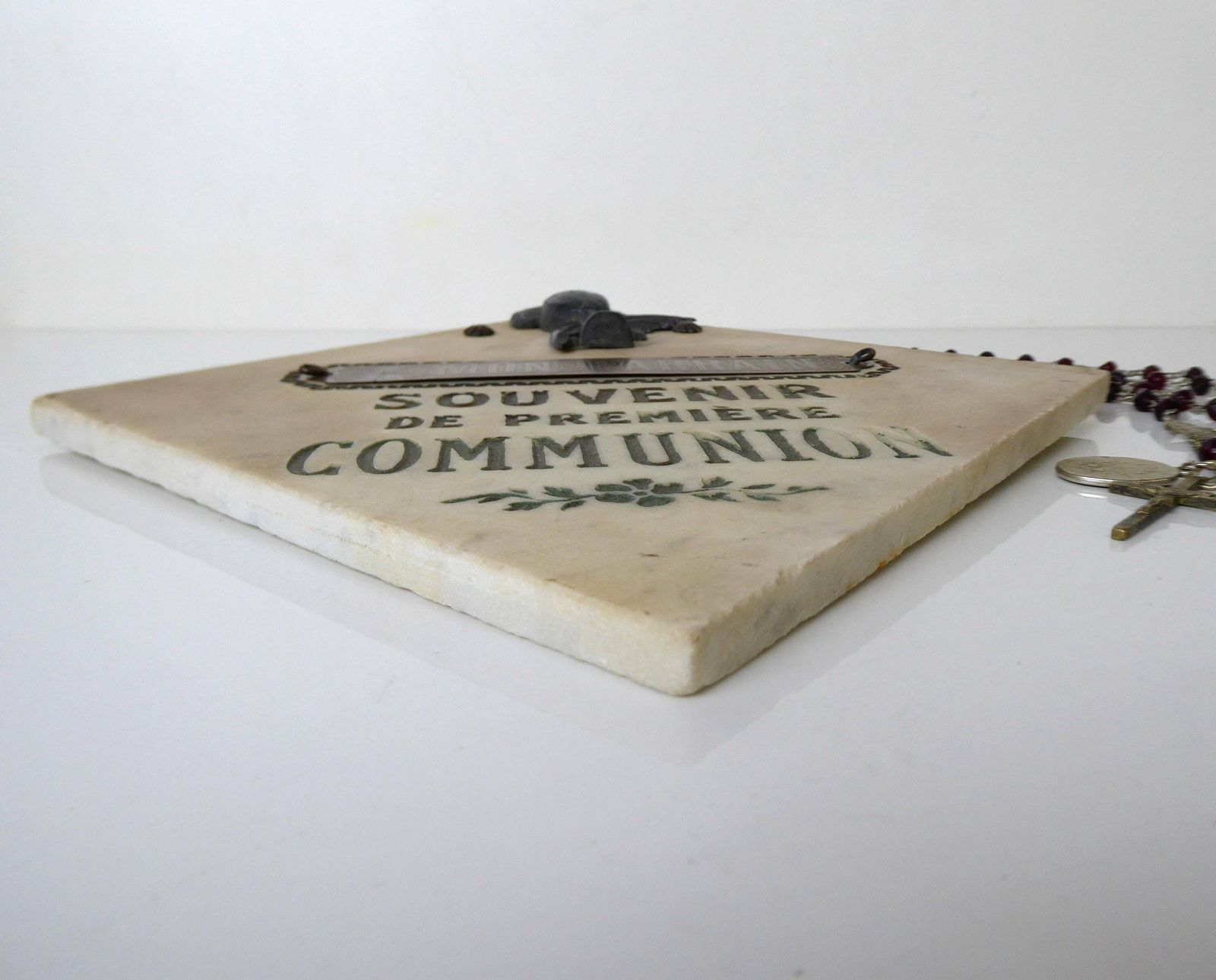 First Communion Souvenir | Antique French Religious Souvenir | Marble Plaque photo Home Decor