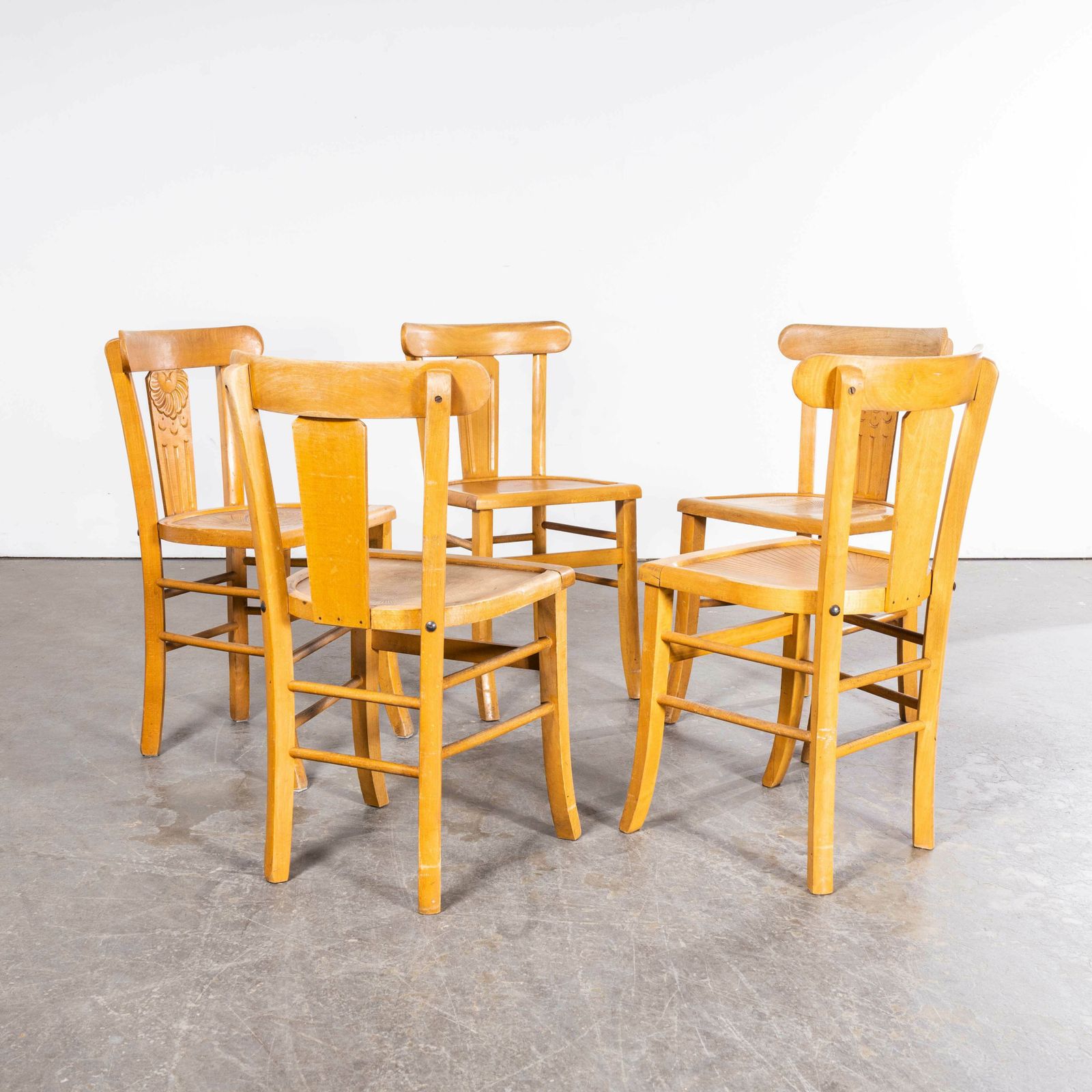 1950’s Luterma French Blonde Decorated Farmhouse Dining Chairs – Set Of Five