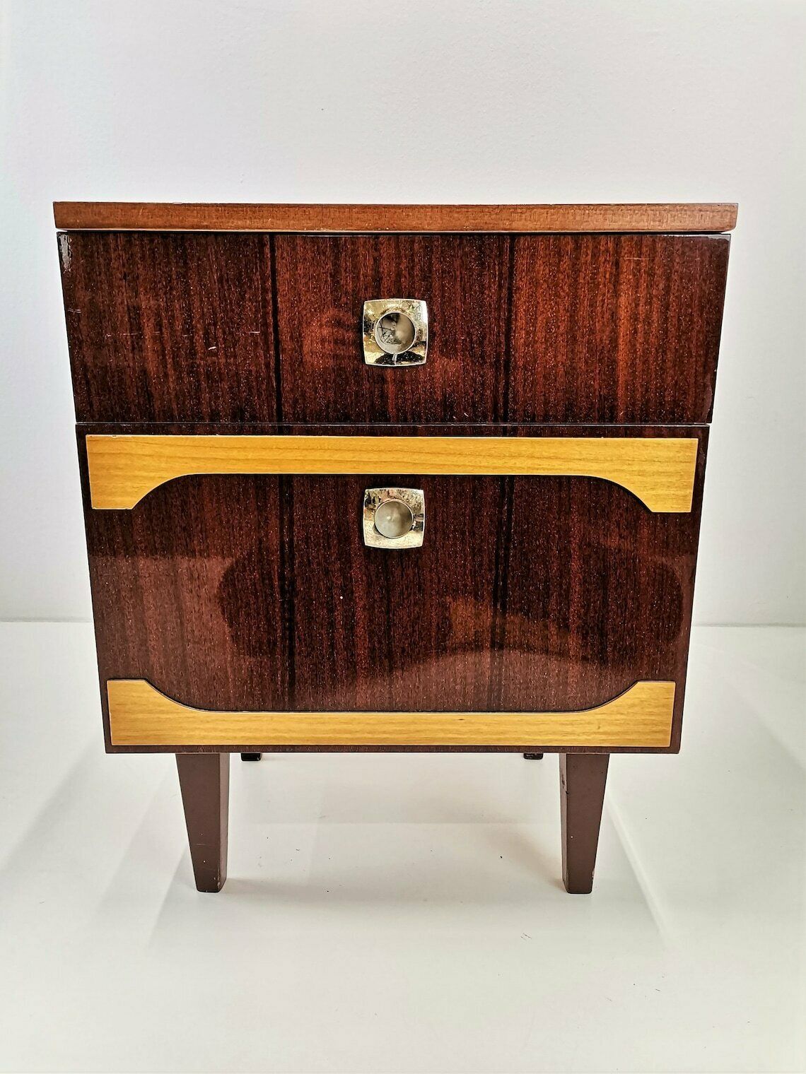 photo for sale Vintage Tall Nightstand  Mid Century Bedside Table With Two Toned Veneer  Console Table With 2 Drawers