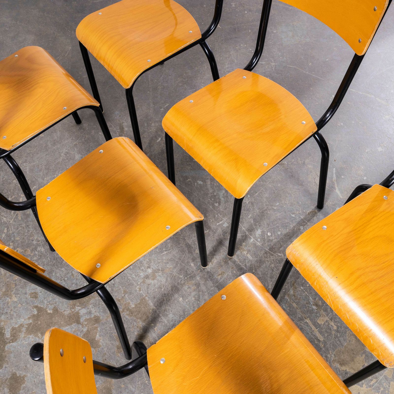 1960’s Original Black French Stacking University Chairs Wide Back – Set Of Six photo for sale