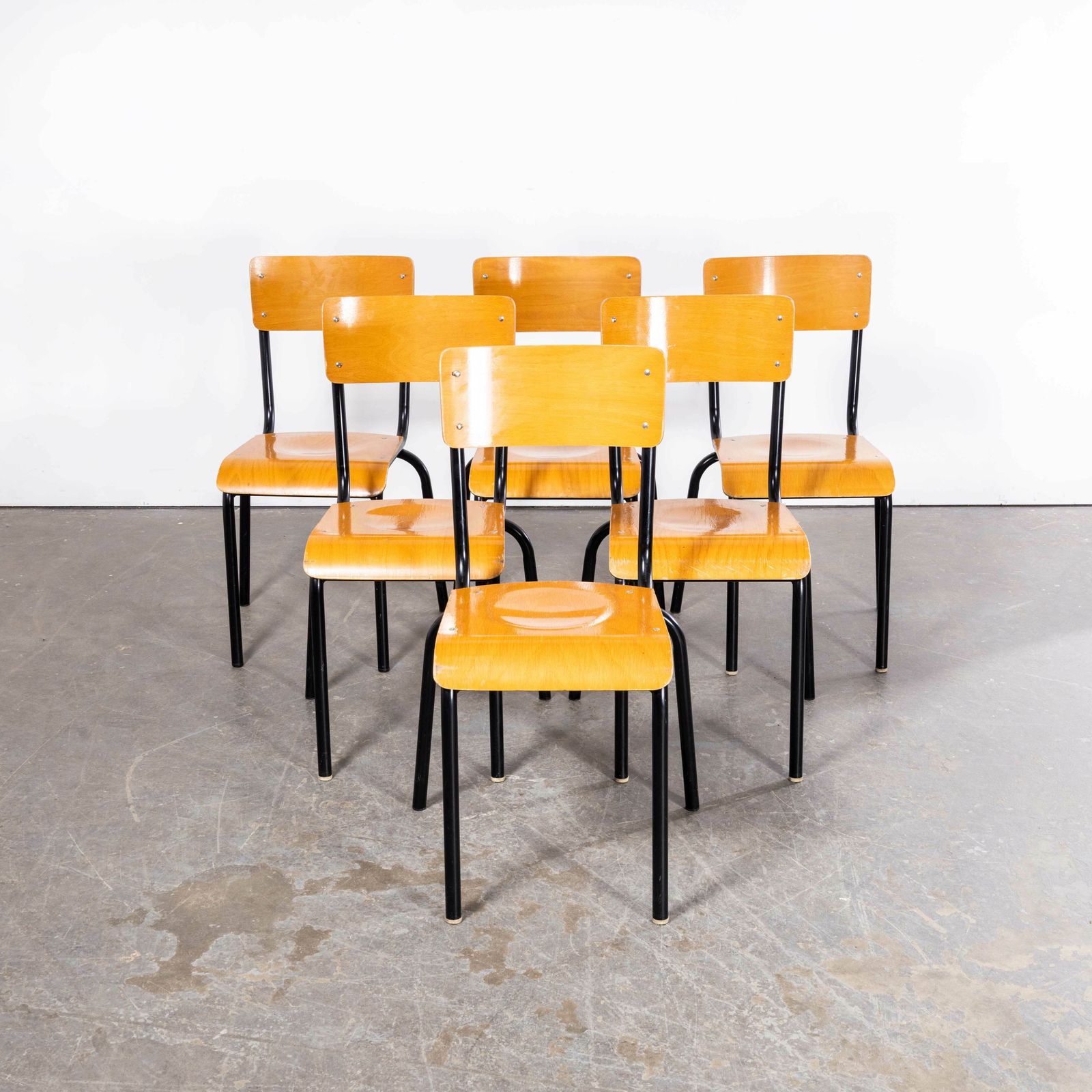 1960’s Original Black French Stacking University Chairs Wide Back – Set Of Six photo Furniture