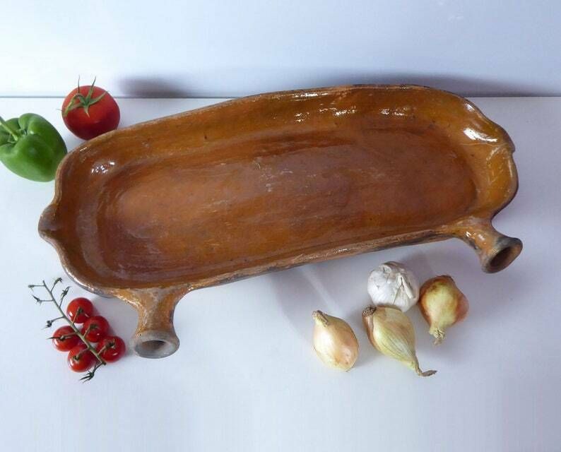 Terracotta Lèchefrite | Large Antique French Rustic Cooking Drip Tray | Earthenware Fruit Bowl | French Kitchen Décor | Lèche Frite photo vinterior