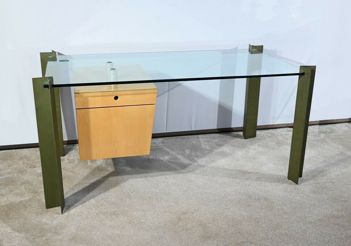 Bureau En Verre Et Sycomore, Par J.Rondineau Pour Le Cabinet Xi Design – Fin Xxe photo for sale