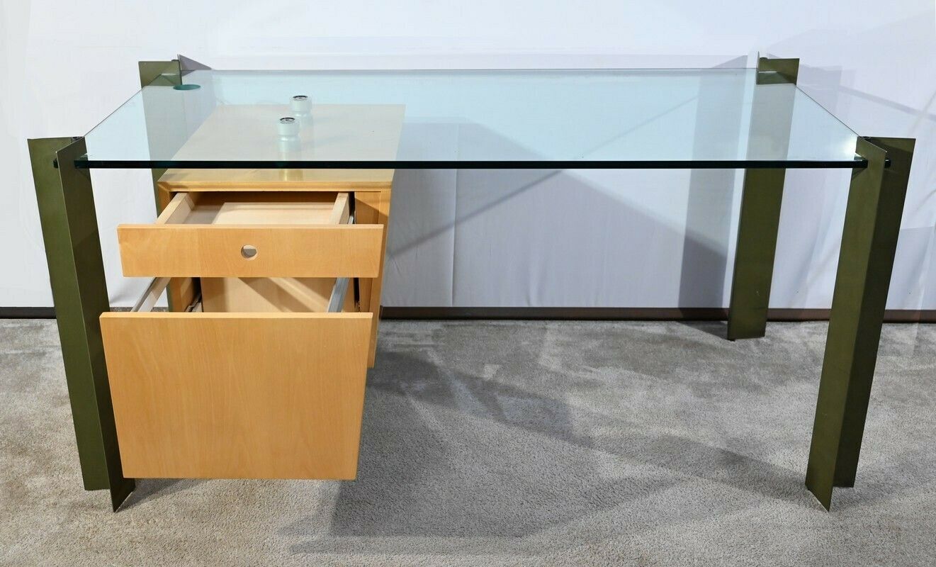Bureau En Verre Et Sycomore, Par J.Rondineau Pour Le Cabinet Xi Design – Fin Xxe photo 3522.6
