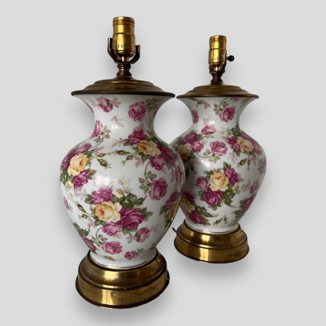 An Attractive Pair Of Floral Transfer Ware Porcelain Lamps