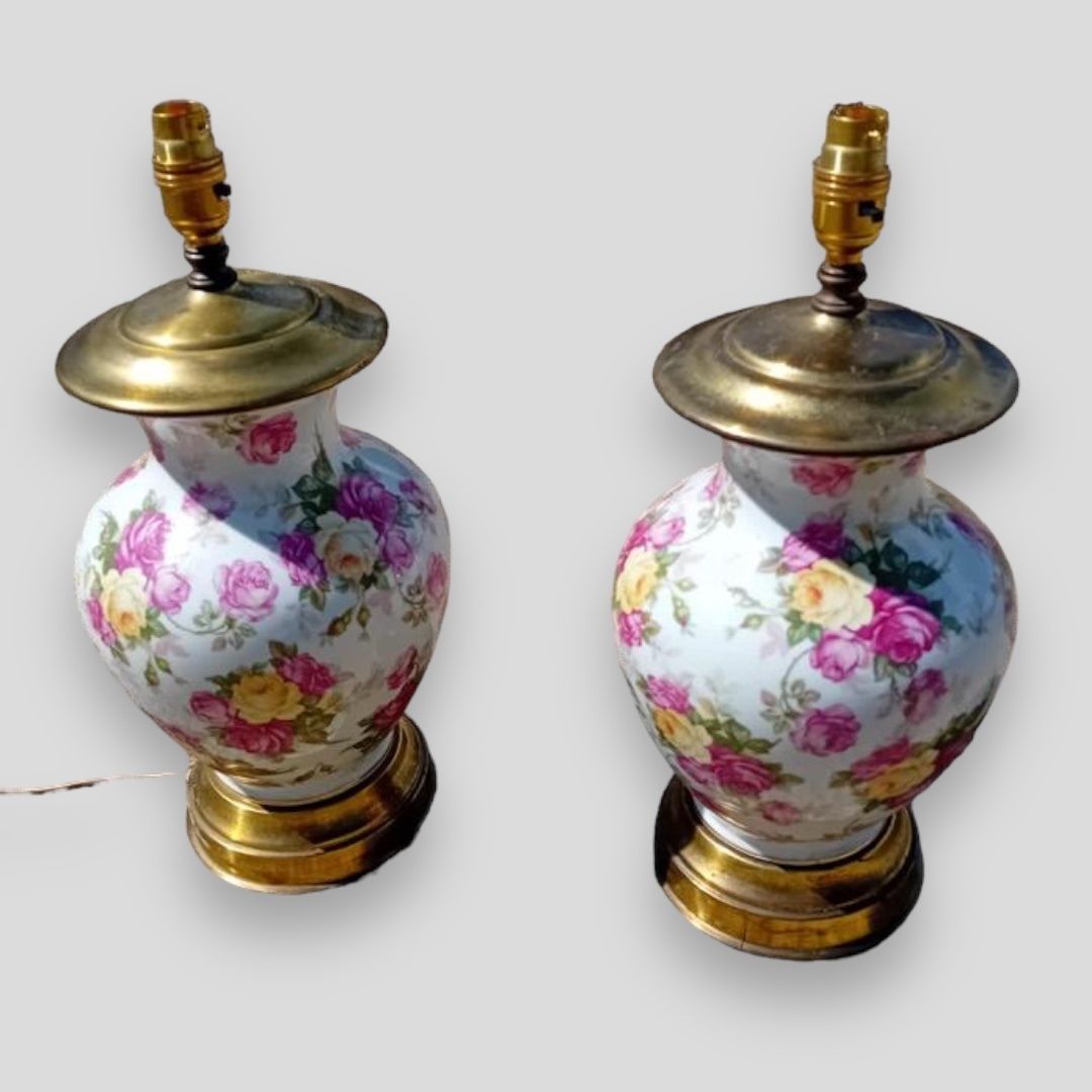 An Attractive Pair Of Floral Transfer Ware Porcelain Lamps photo furniture