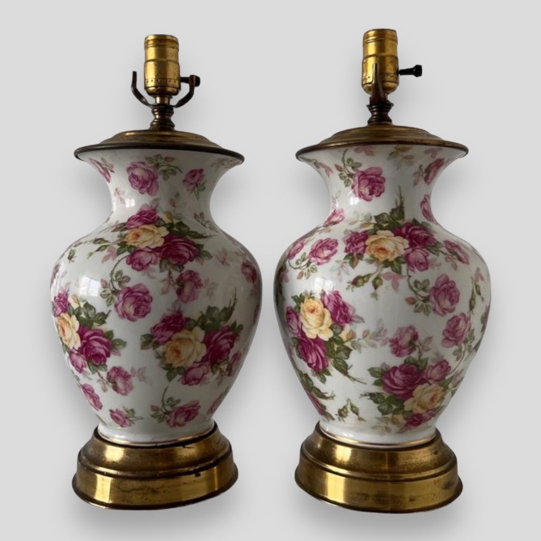 An Attractive Pair Of Floral Transfer Ware Porcelain Lamps photo for sale