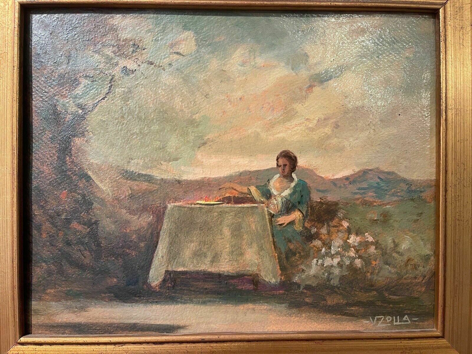 Oil Painting On Cardboard, Women At The Table, V. Zolla, 19th Century photo for sale