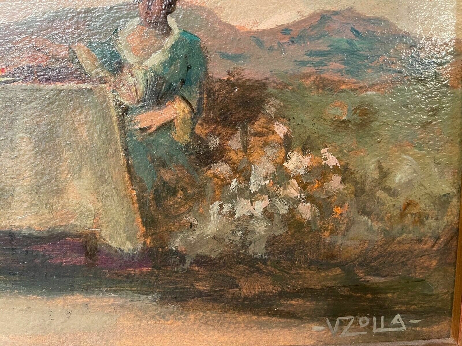 Oil Painting On Cardboard, Women At The Table, V. Zolla, 19th Century photo 646.88