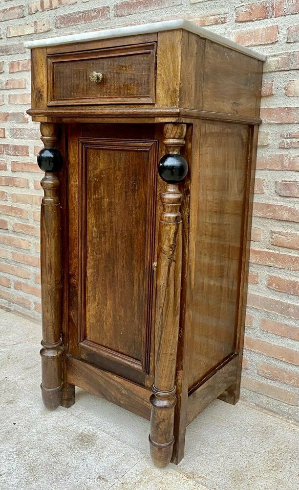 Early 20th Century French Walnut Nightstands With One Drawer And Marble Top, 1920s, Set Of 2 photo for sale