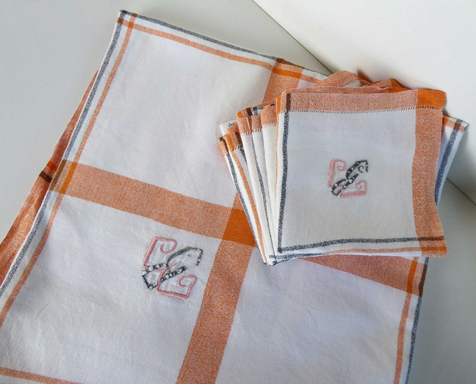 French Tablecloth And 6 Napkins   Set Of Table Linen   Basque Linen   Vintage Linen   Striped Table Linen   Monogrammed Linen photo vintage