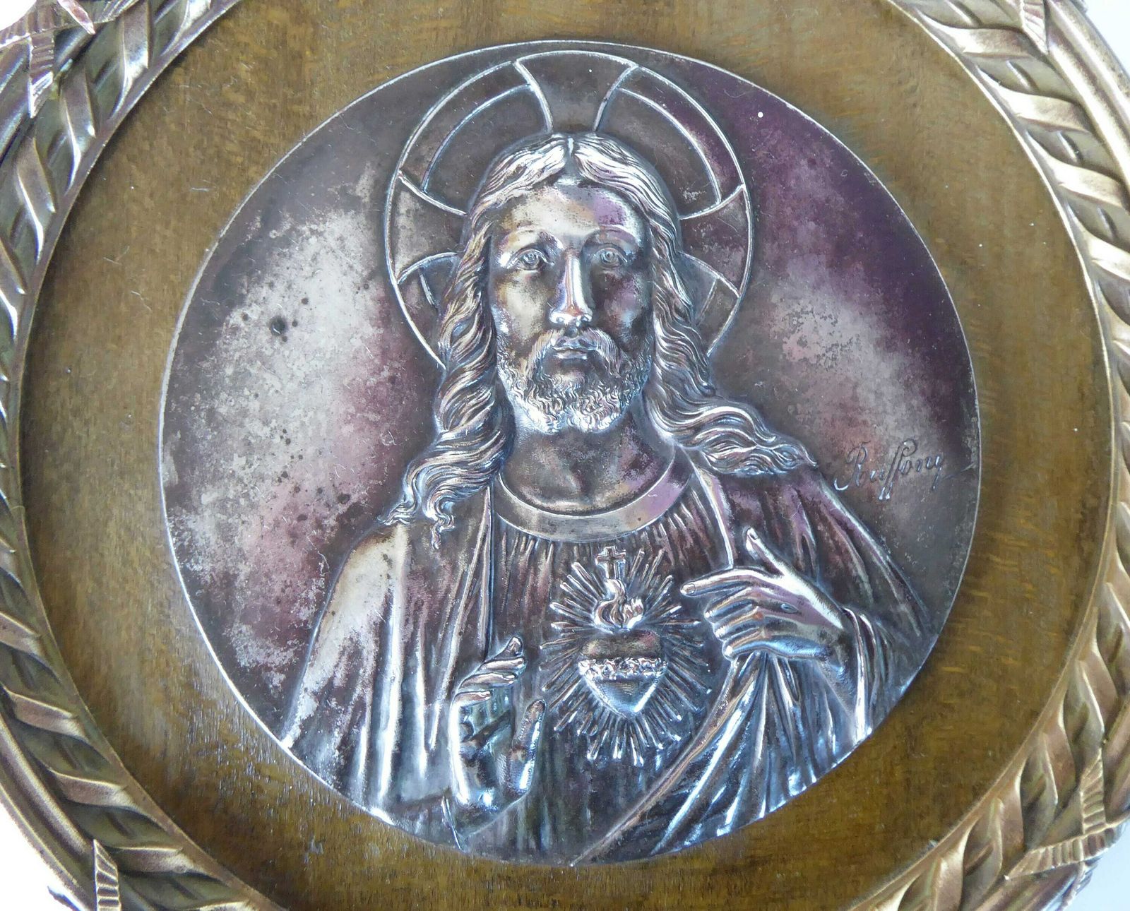 Sacred Heart | Antique Religious Plaque With Christ Medallion By Ruffony | Religious Gift photo furniture