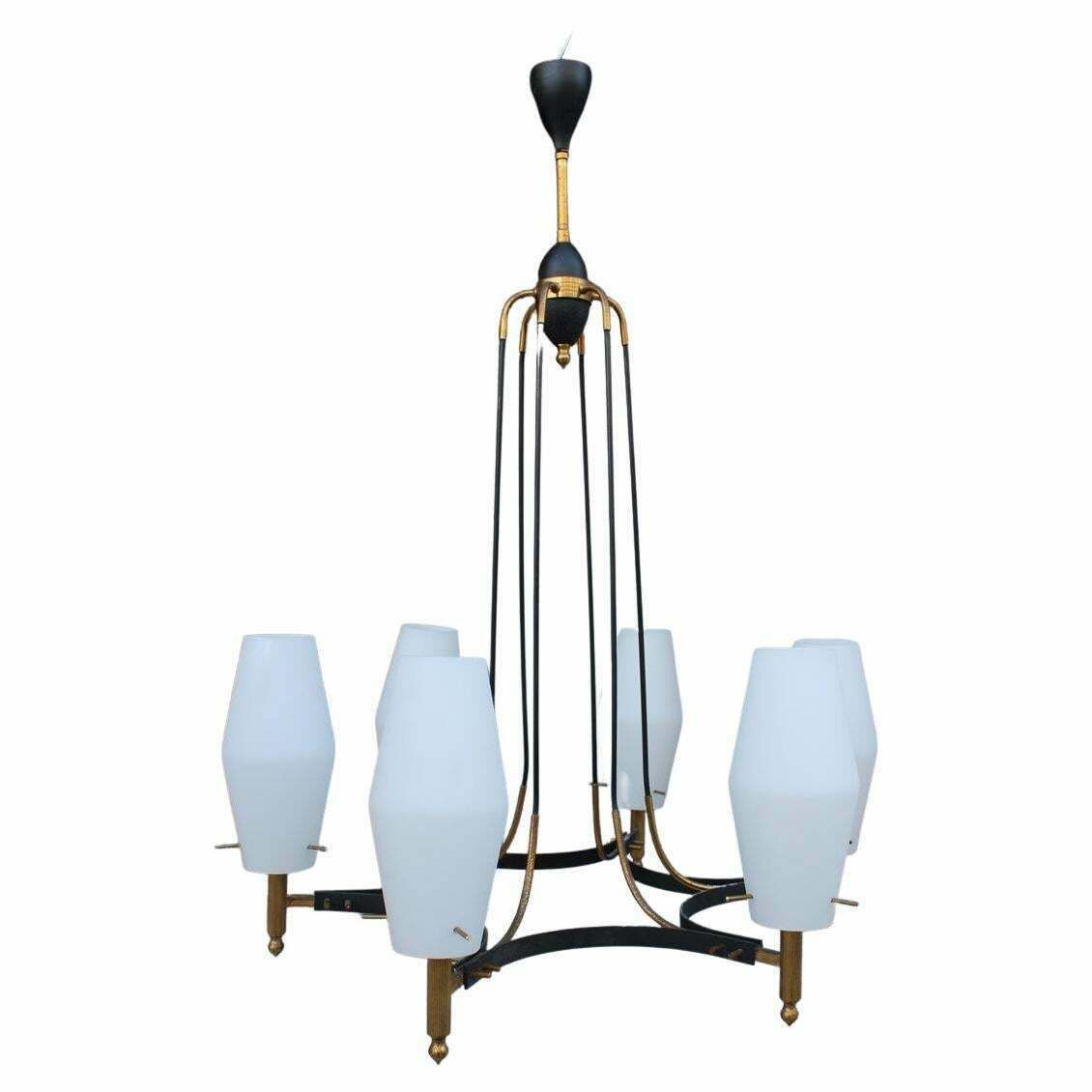 Round Mid Century Italian Stilnovo Chandelier Brass And White Murano Glass 1950