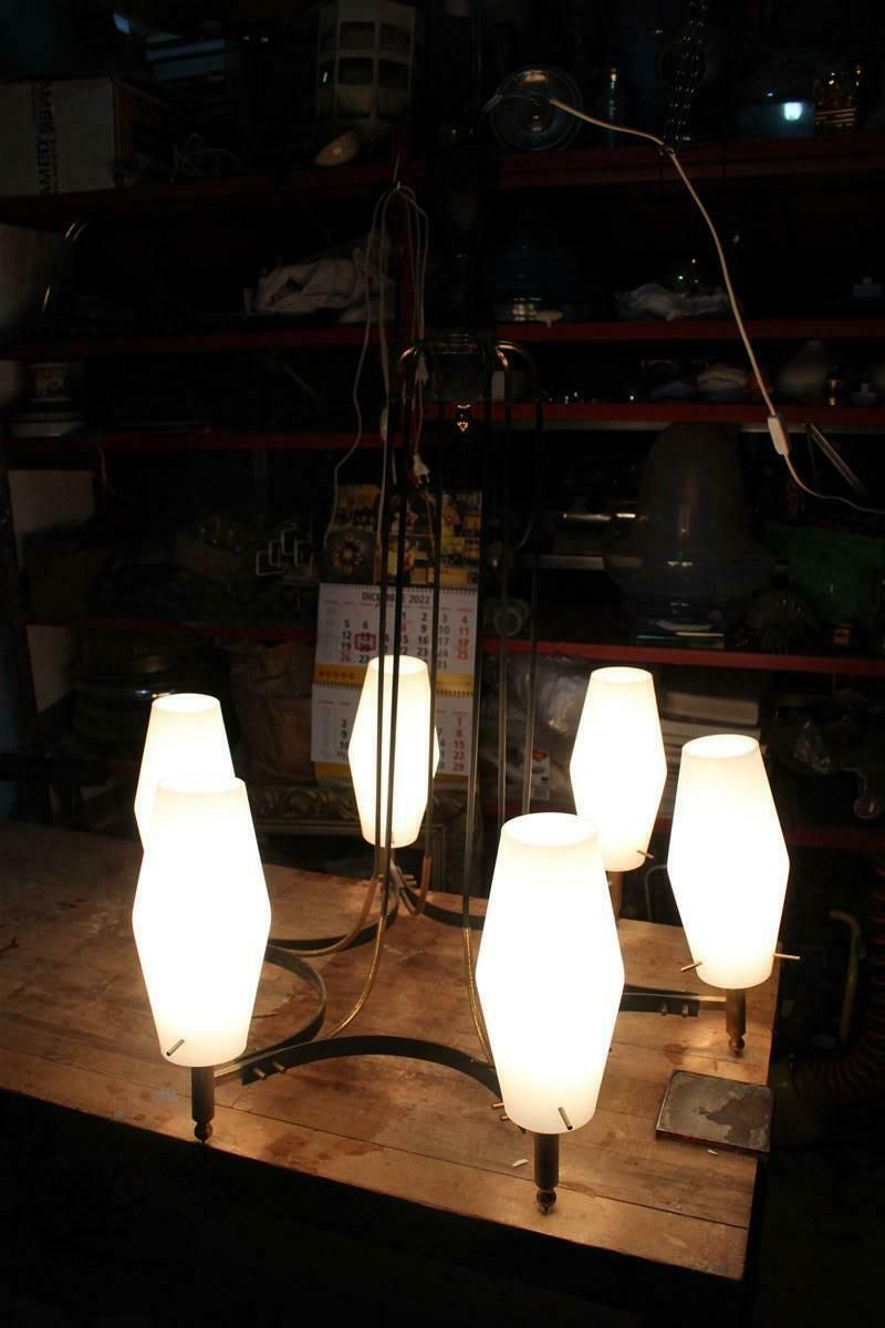 Round Mid Century Italian Stilnovo Chandelier Brass And White Murano Glass 1950 photo buy