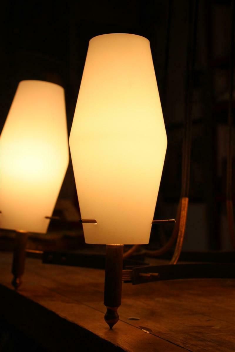 Round Mid Century Italian Stilnovo Chandelier Brass And White Murano Glass 1950 photo vintage