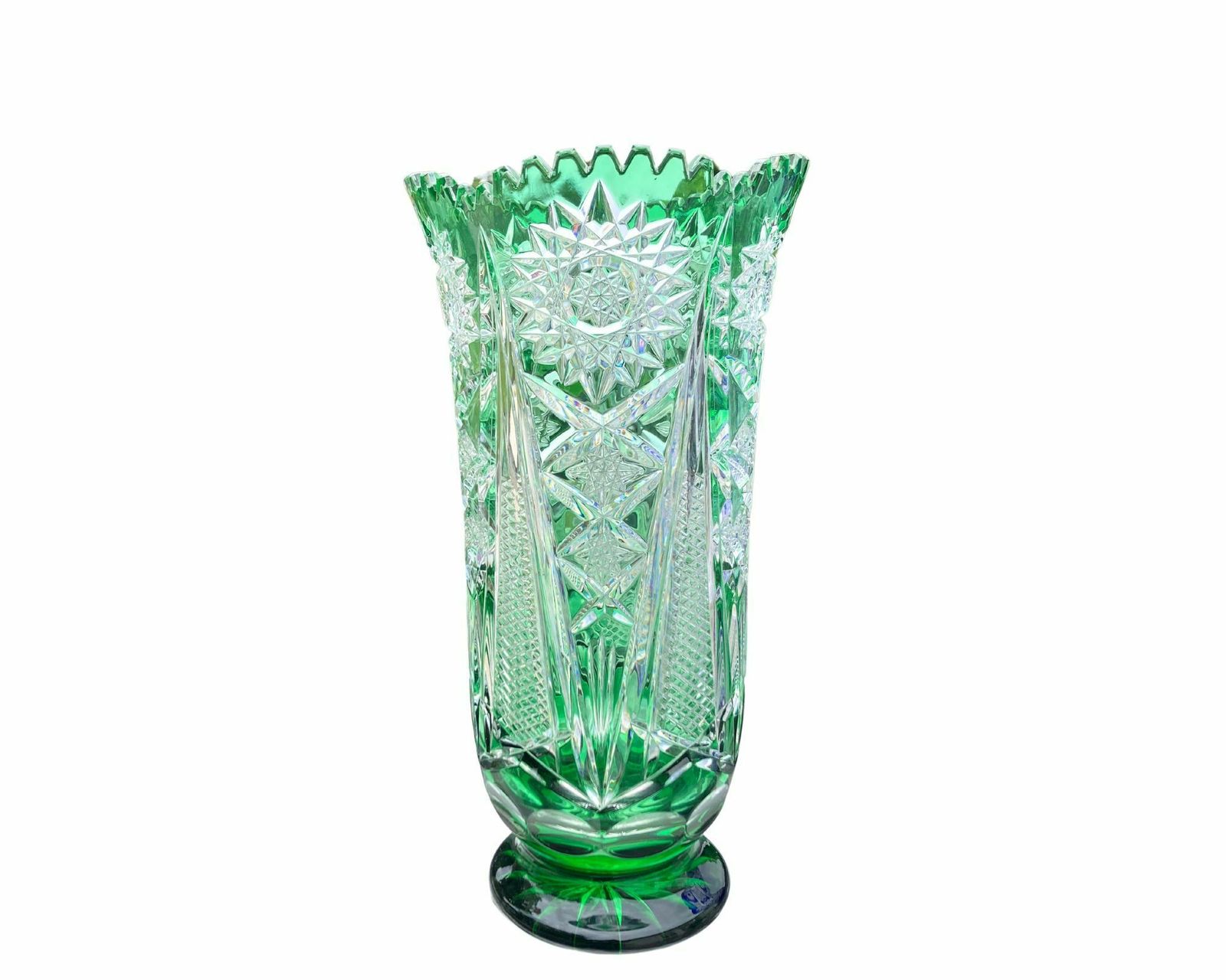 Cut Crystal Large Vase (1pcs) | Vintage Flower Holder | Emerald Green | 1960 1980s