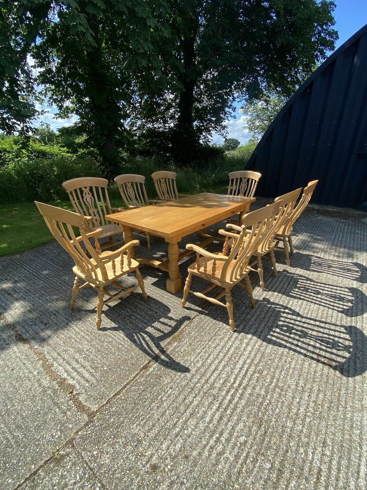 Modern Refactory Oak Country Dining Table & 8 Large Carvers   Seats 8  10 People