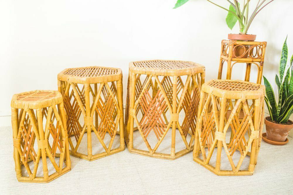 Nest Of 4 Rattan Hexagonal Side Tables / Stools / Plant Stands photo for sale