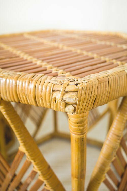 Nest Of 4 Rattan Hexagonal Side Tables / Stools / Plant Stands photo vintage