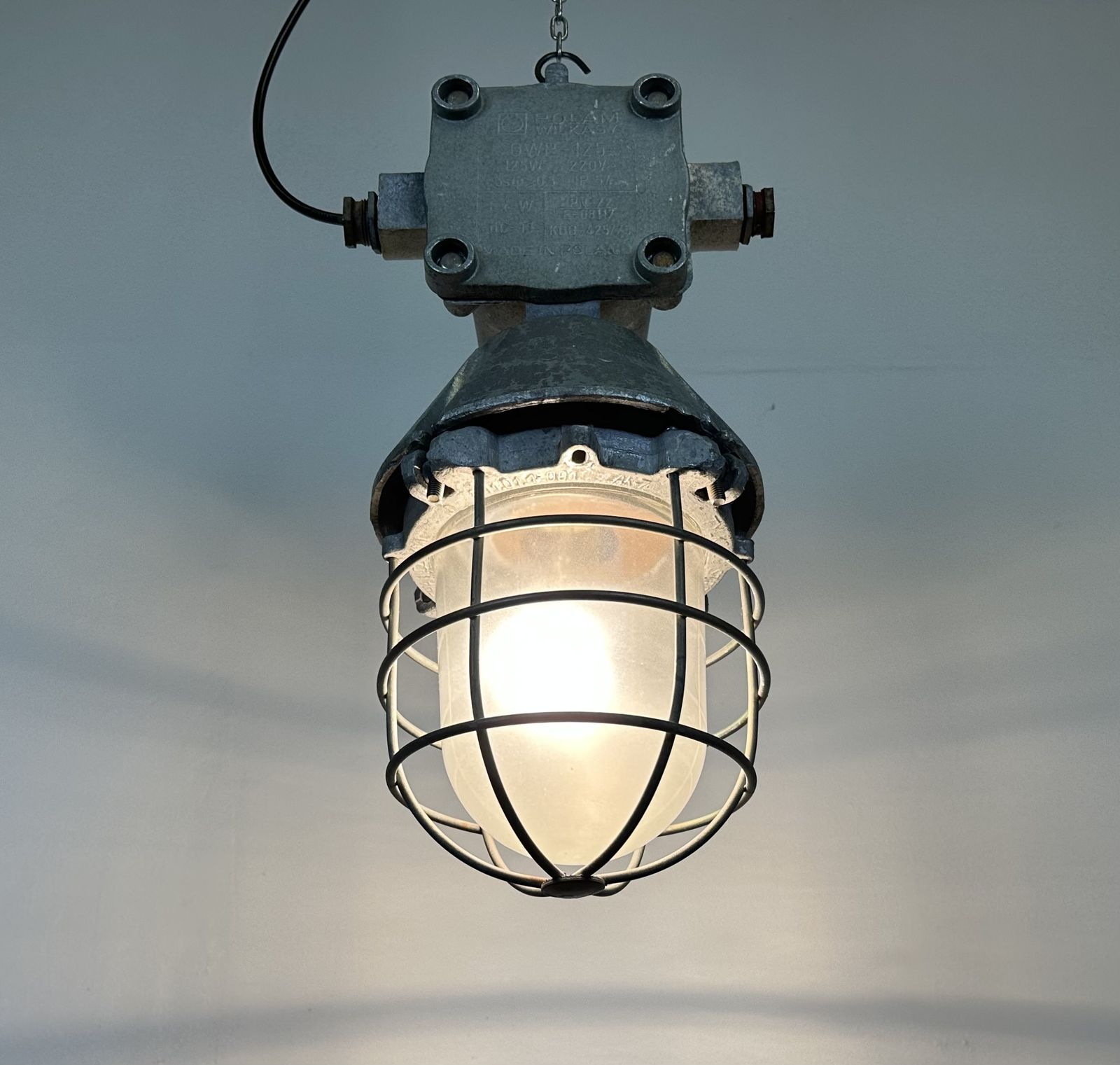 Large Industrial Cast Aluminium Cage Pendant Light From Polam Wilkasy, 1960s, 2x photo vinterior