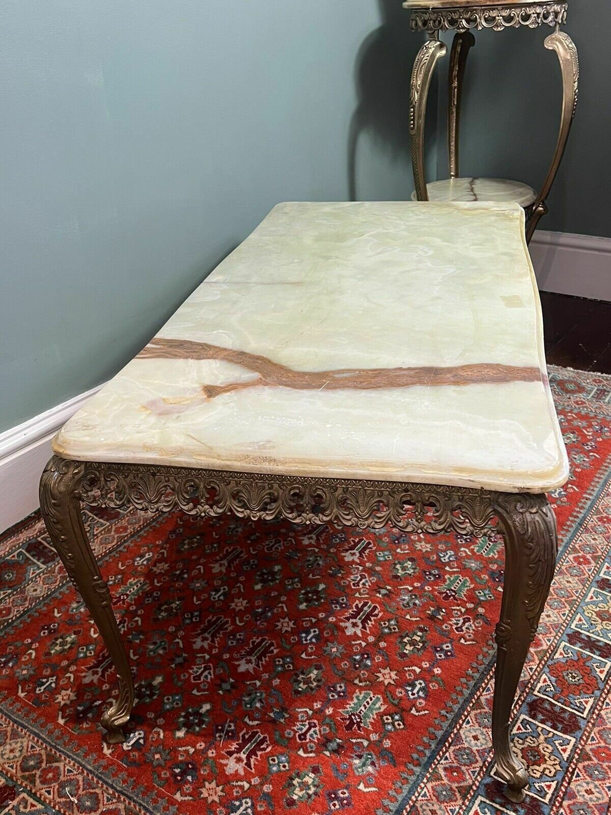 French Louis XVI Style Onyx Marble And Brass Filigree Ormolu Coffee Centre Table photo vinterior