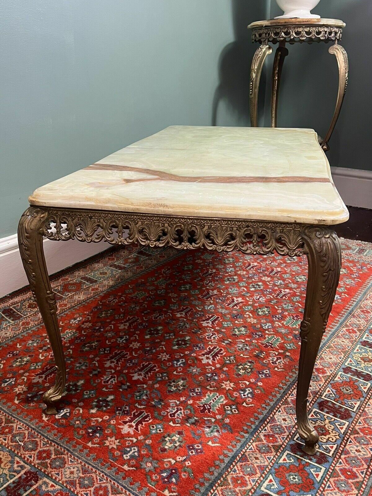 French Louis XVI Style Onyx Marble And Brass Filigree Ormolu Coffee Centre Table photo buy
