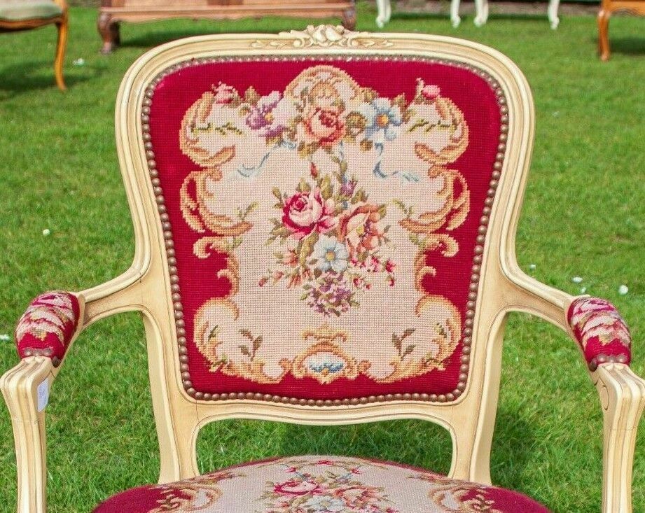 French Louis XV Painted Carved Oak Burgundy Floral Pattern Armchair photo Furniture
