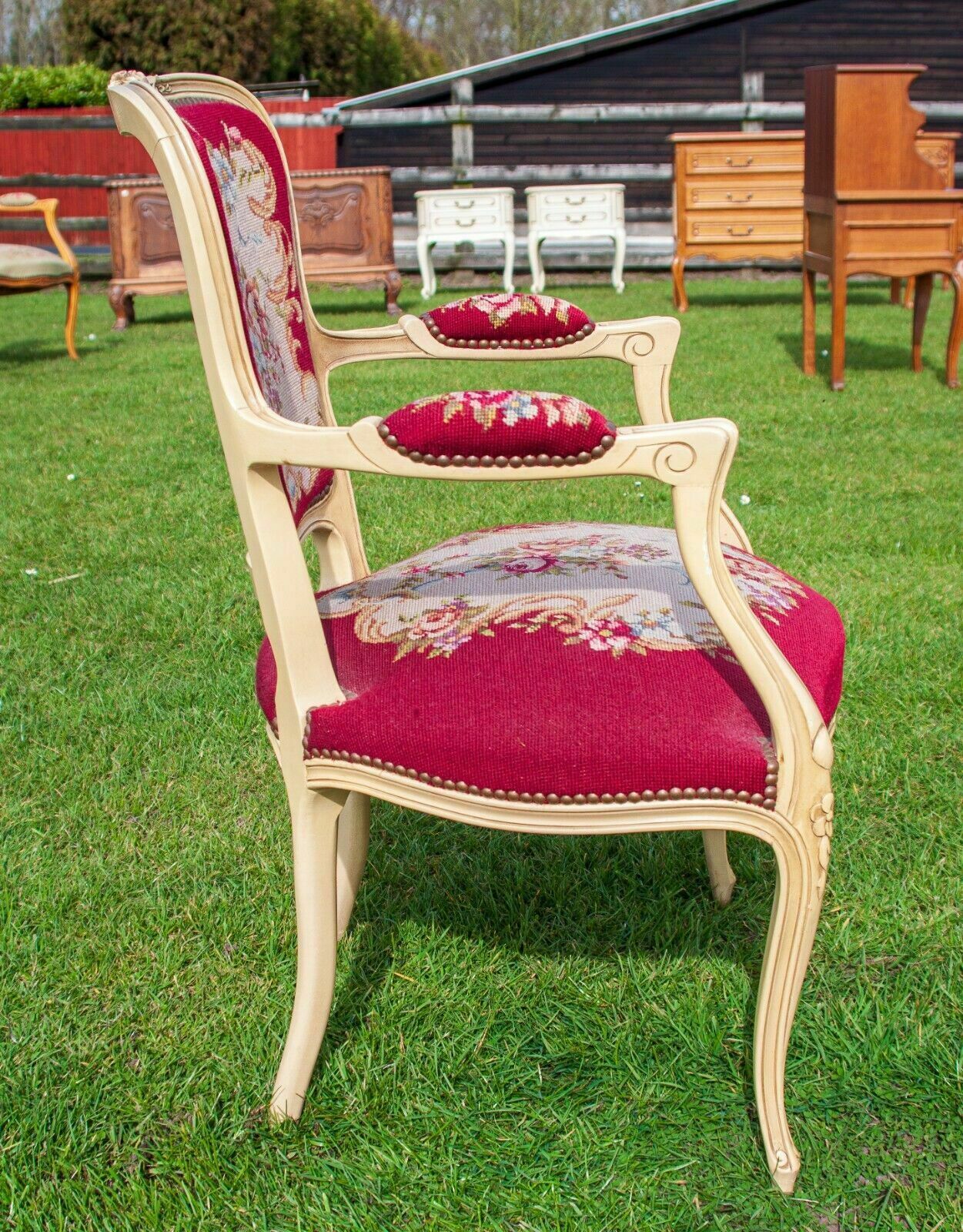 French Louis XV Painted Carved Oak Burgundy Floral Pattern Armchair photo 295.0