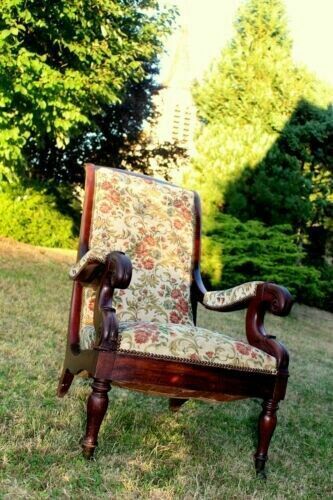 Heavy French Antique High Back Mahogany Wheels Chair