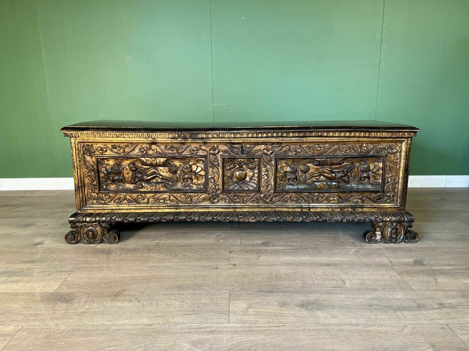 A Rare Early 17th Century Walnut Gilded Italian Cassone