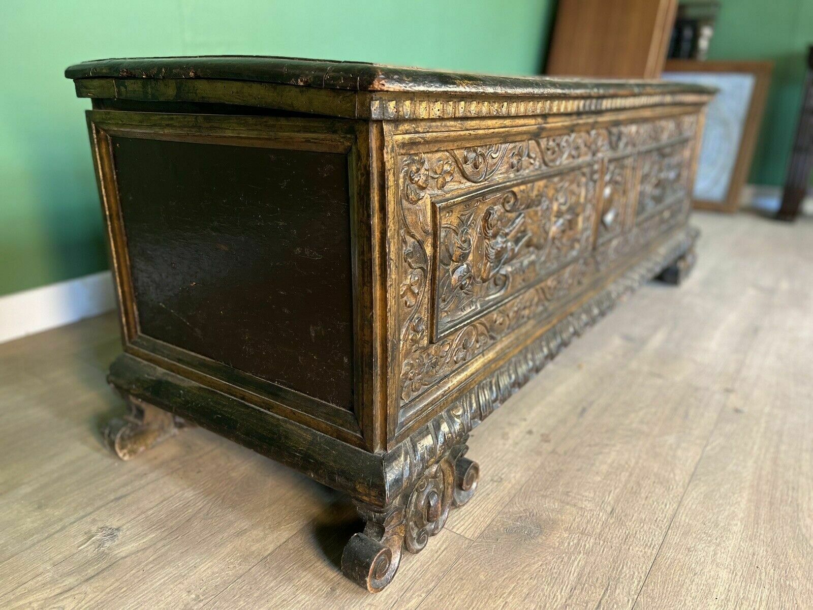 A Rare Early 17th Century Walnut Gilded Italian Cassone photo Furniture