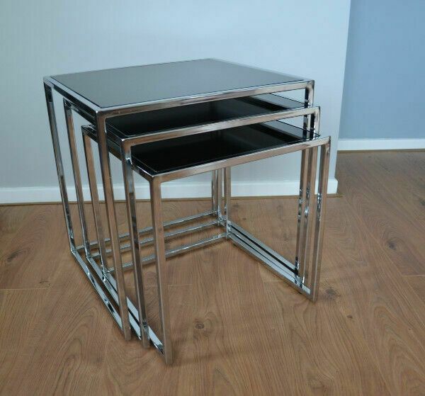 Vintage Chrome And Smoked Glass Nest Of Tables