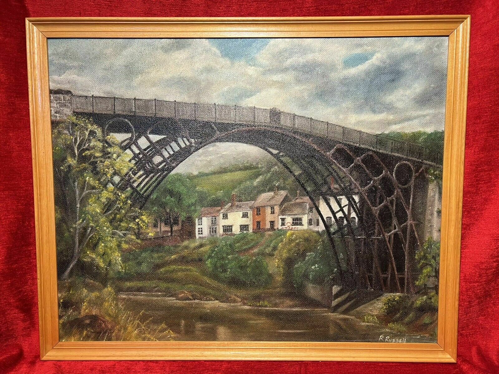 Historic Monument Iron Bridge Shropshire 1779 Oil Painting Signed R Russell