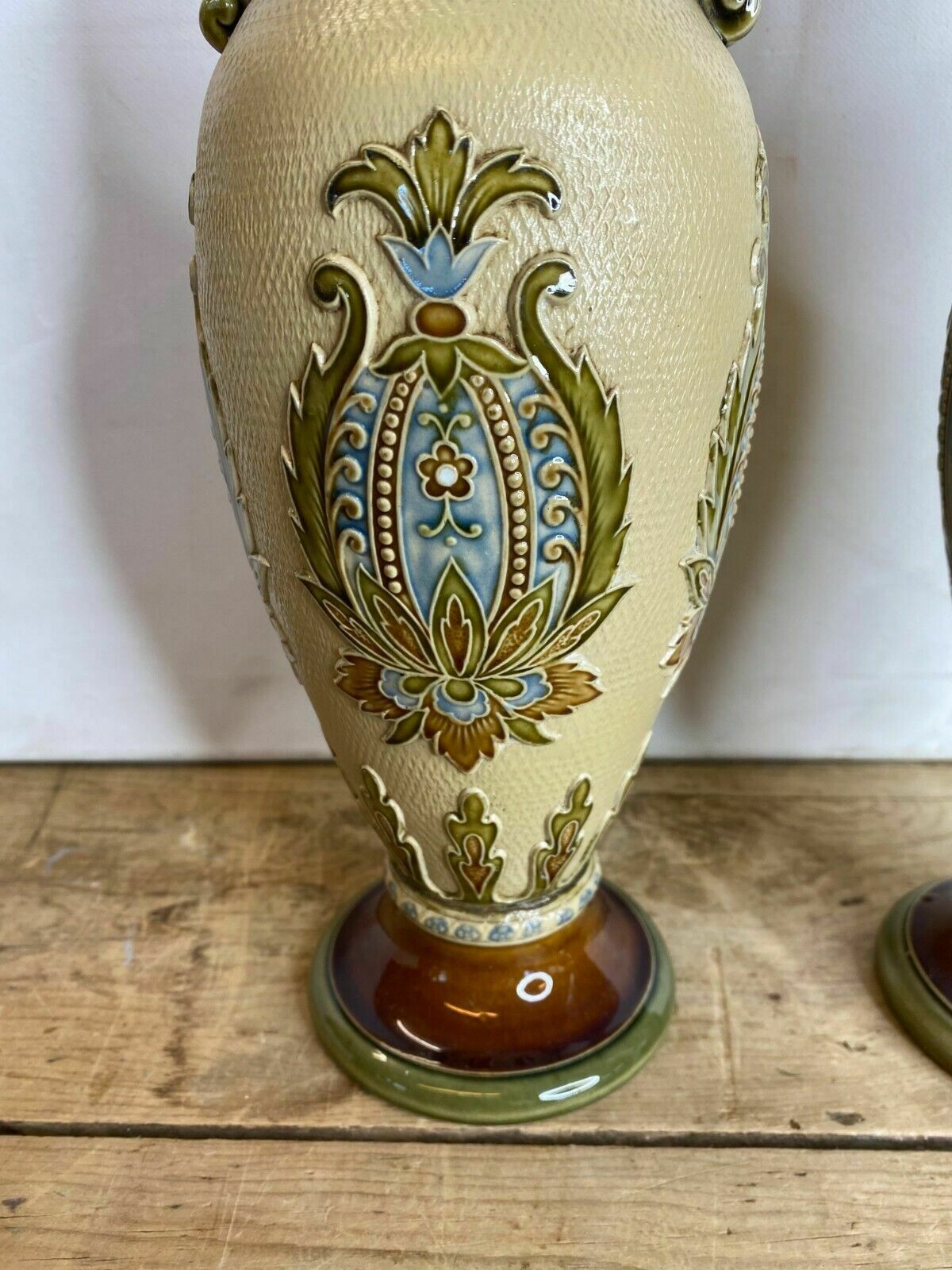 Pair Of Seltene Grooved Vases Villeroy & Boch Mettlach 2505   One Repaired photo Home Decor