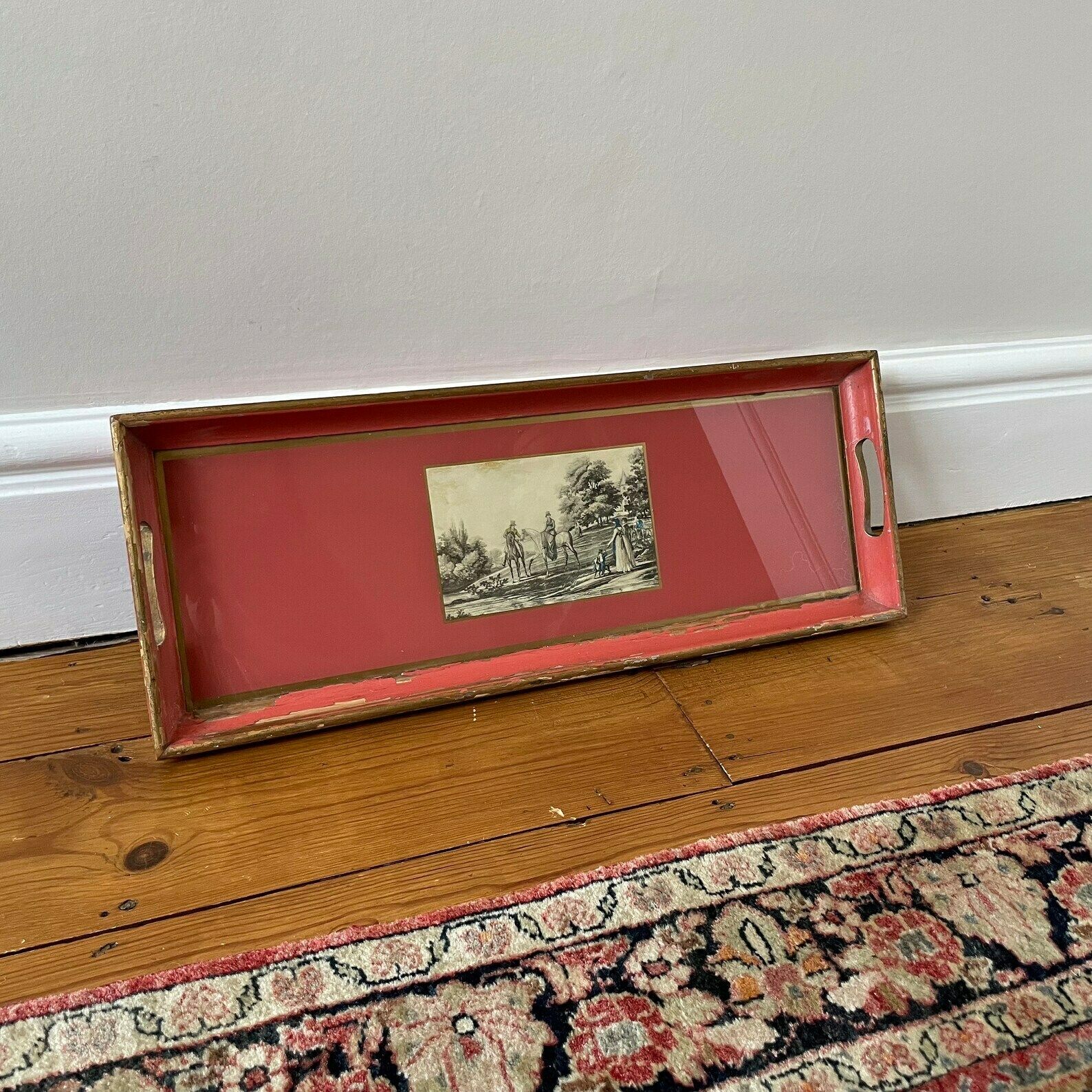 Antique Wooden Tray Display Wood Red Gold Rectangle Decorative Aged Patina Painted Photo Glass Inlay Handles Handmade photo furniture