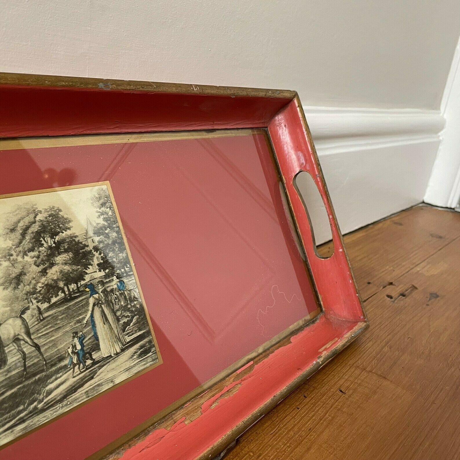Antique Wooden Tray Display Wood Red Gold Rectangle Decorative Aged Patina Painted Photo Glass Inlay Handles Handmade photo 65.0