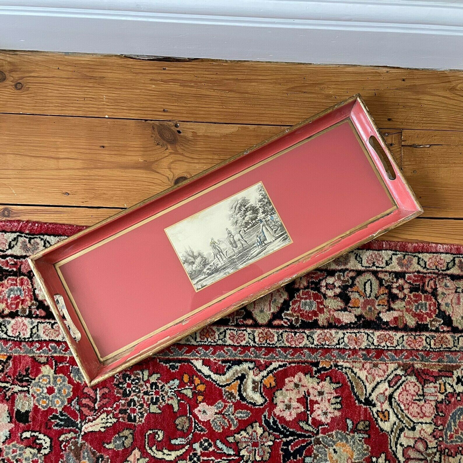 Antique Wooden Tray Display Wood Red Gold Rectangle Decorative Aged Patina Painted Photo Glass Inlay Handles Handmade photo vinterior