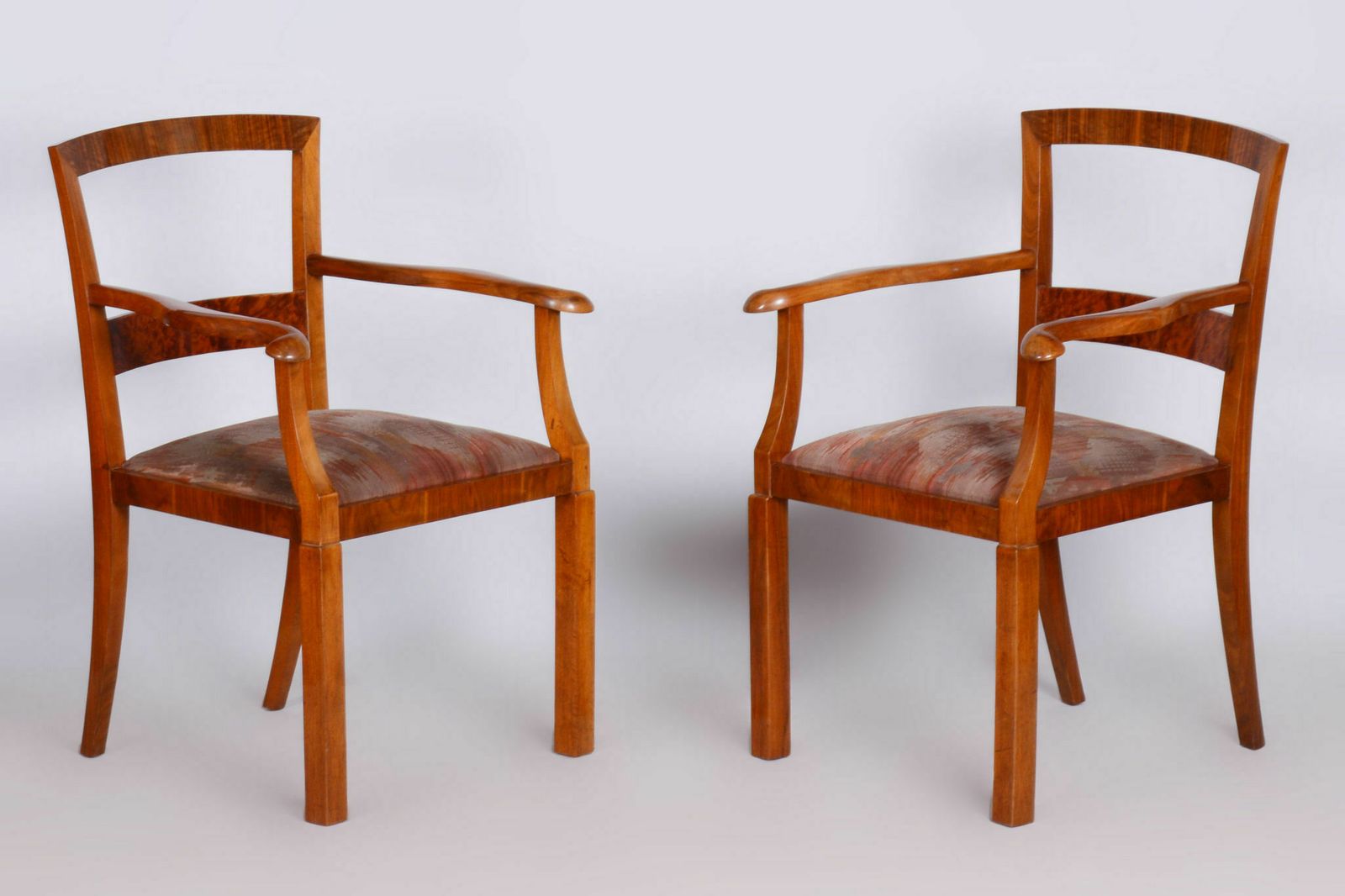 Pair Of Brown Artdeco Beech Armchairs, 1920s, Original Upholstery