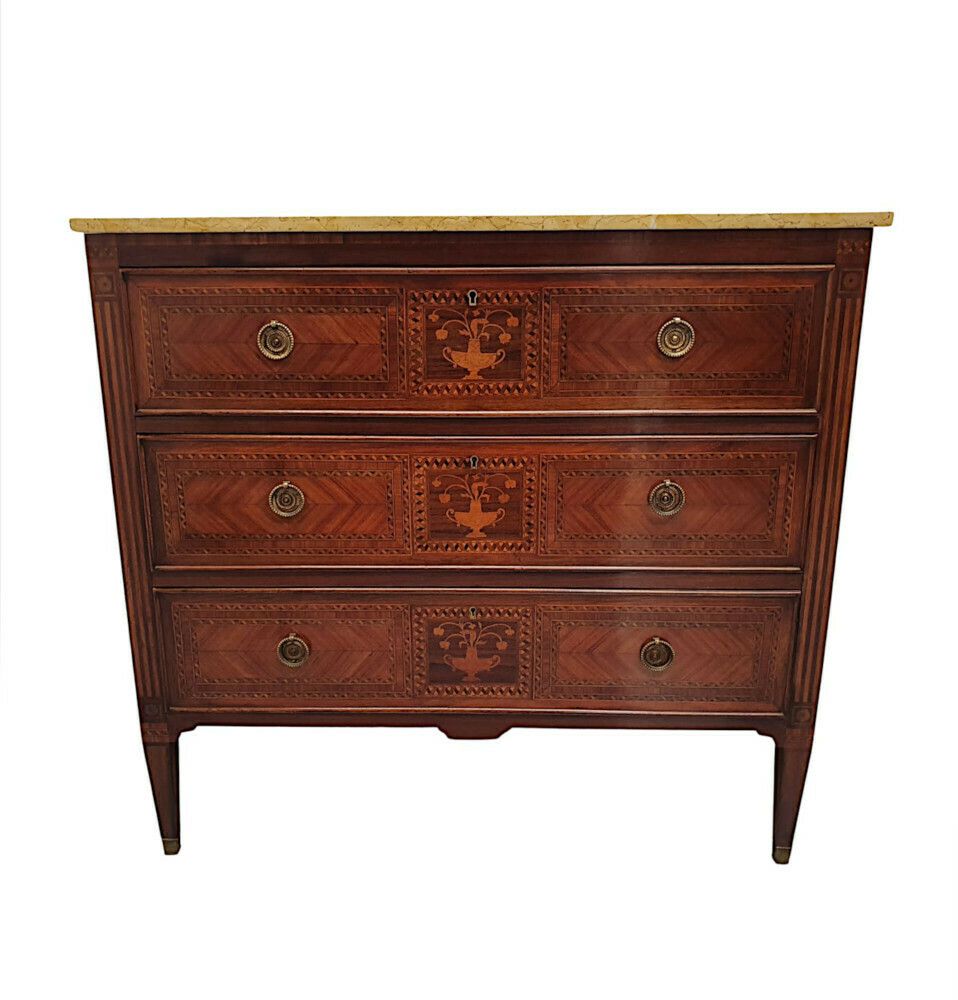 A Fine Early 20th Century Highly Inlaid Marble Top Chest Of Drawers
