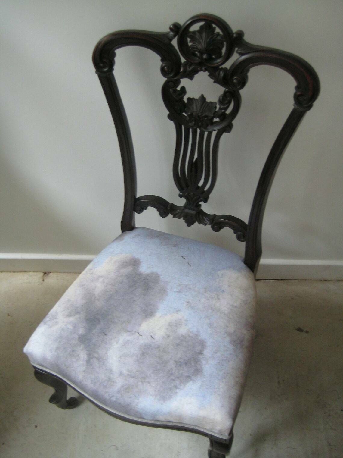 Antique Solid Wood Nursing Chair, Traditionally Upholstered With Grey Cloudscape Cotton Fabric photo for sale