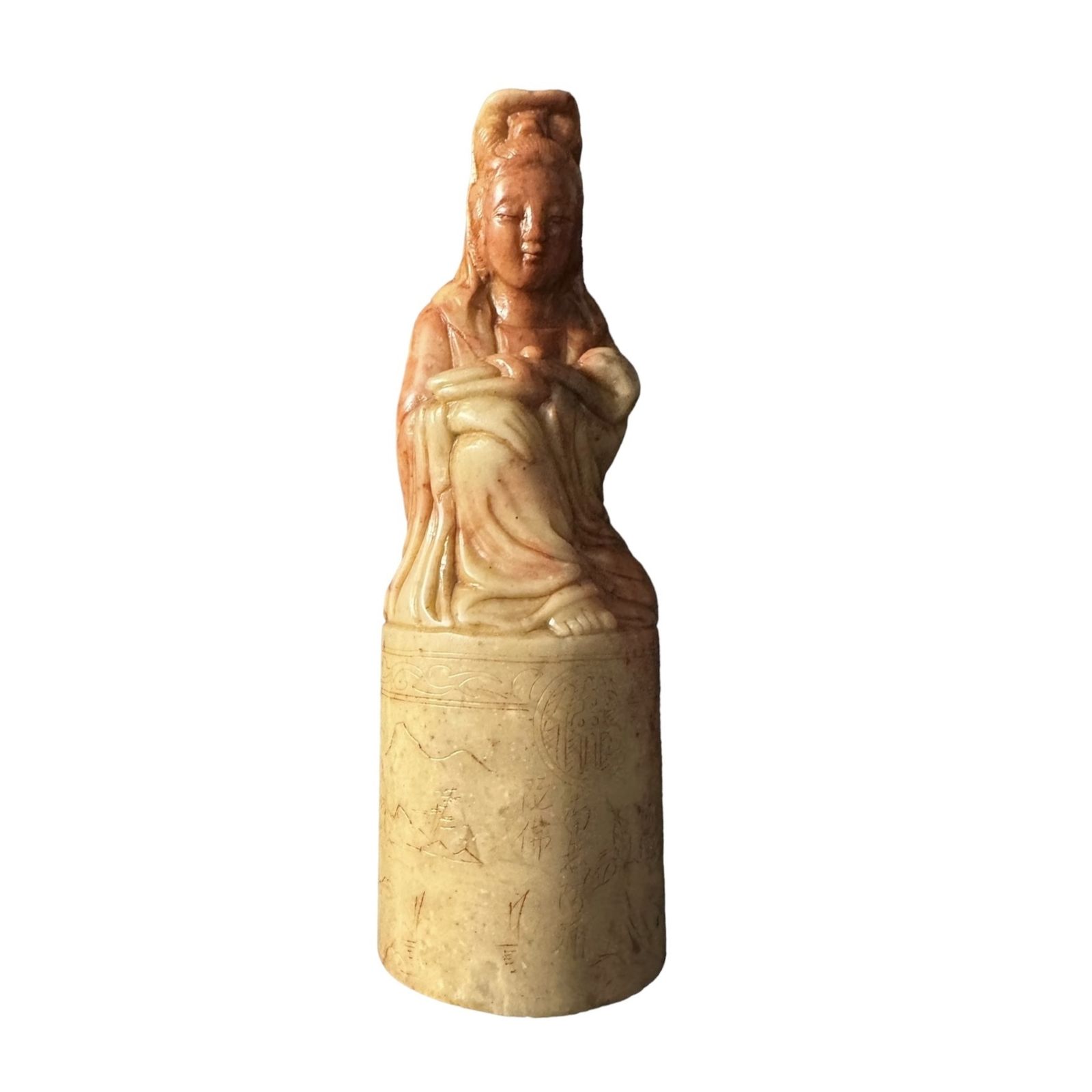 Antique Chinese Soapstone Seal Carved With A Representation Of The Goddess Guan Yin
