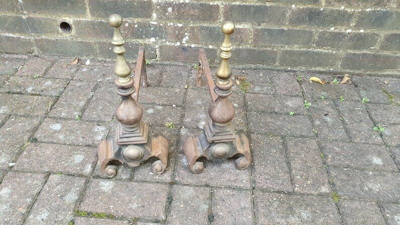 Pair Of Vintage Iron And Brass Fire Dogs Fireplace Fire Basket