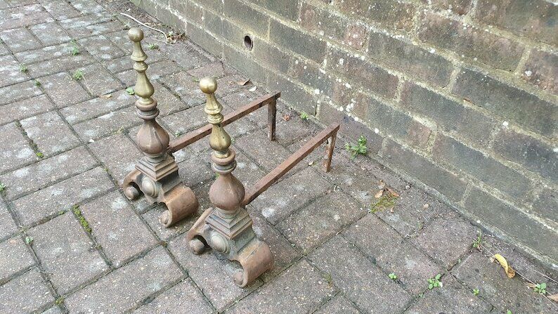 Pair Of Vintage Iron And Brass Fire Dogs Fireplace Fire Basket photo furniture