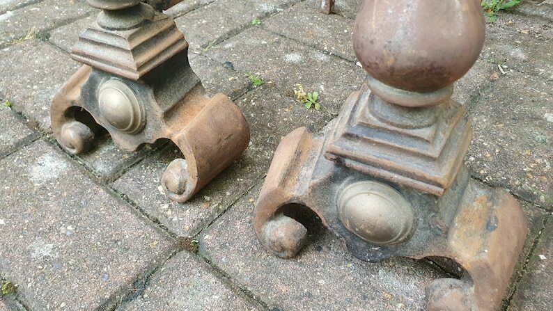 Pair Of Vintage Iron And Brass Fire Dogs Fireplace Fire Basket photo vinterior