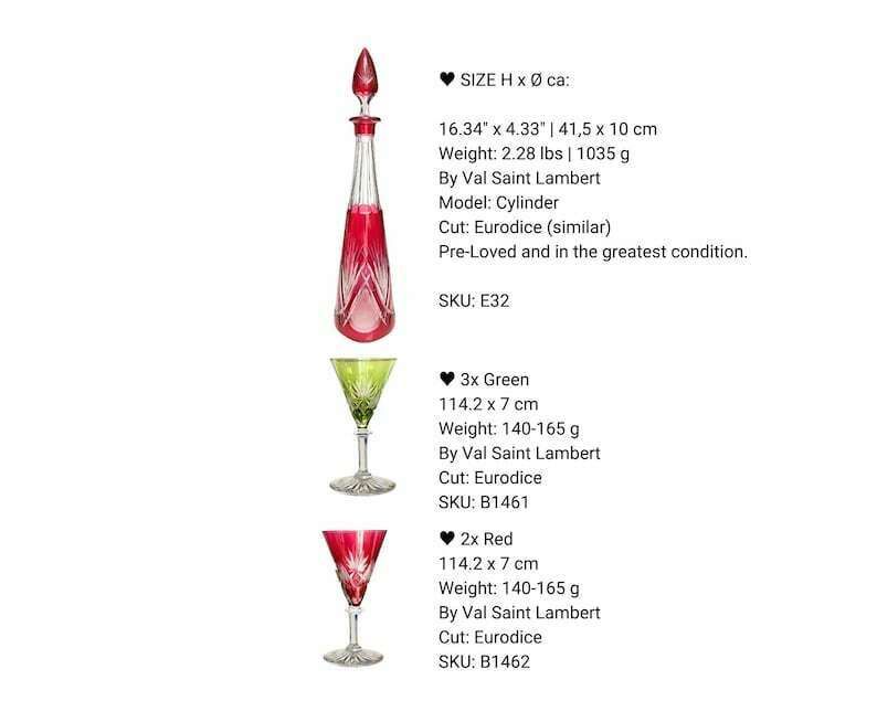 Val Saint Lambert Decanter Set | Eurydice Red And Green | 1 Decanter And 5 Sherry Glasses. photo furniture