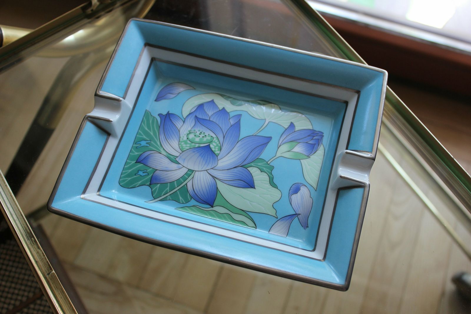 Hermes Porcelain Blue Flowers Ashtray Limoges French Porcelain Two Cigarette Cigars Ash Tray