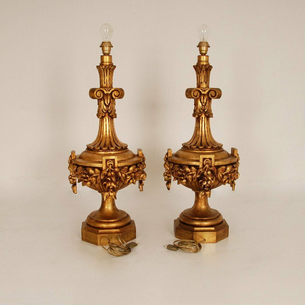 Neoclassical Italian Lamps In Carved Gold Giltwood, Set Of 2 photo Lighting