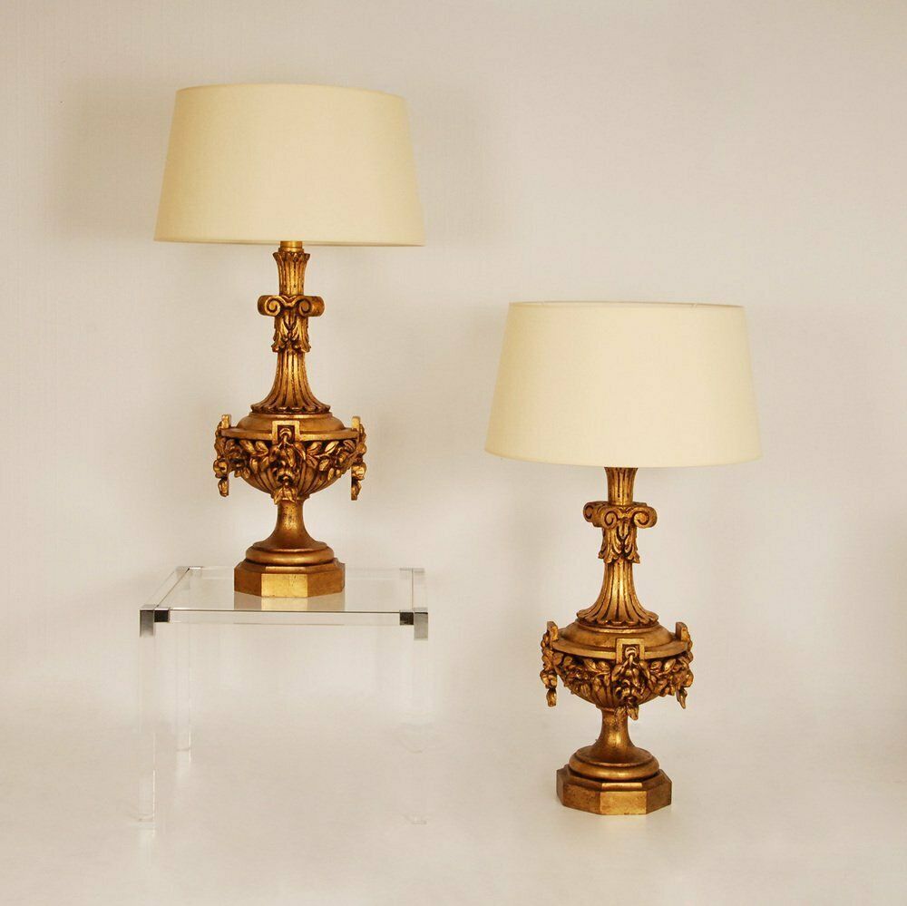 photo vinterior Neoclassical Italian Lamps In Carved Gold Giltwood, Set Of 2