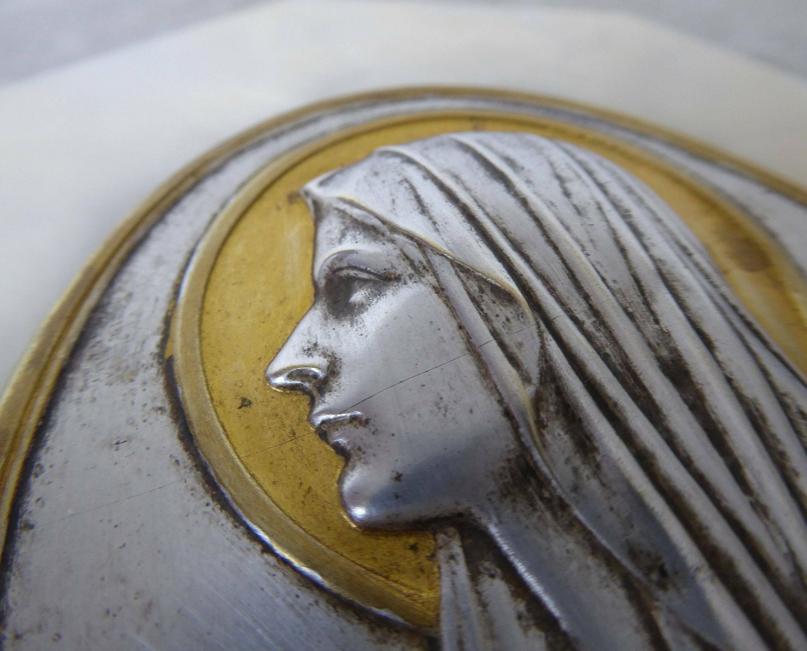 Art Deco Marble Holy Water Benitier With Escudero Medallion | Holy Water Font | Religious Decor photo vintage